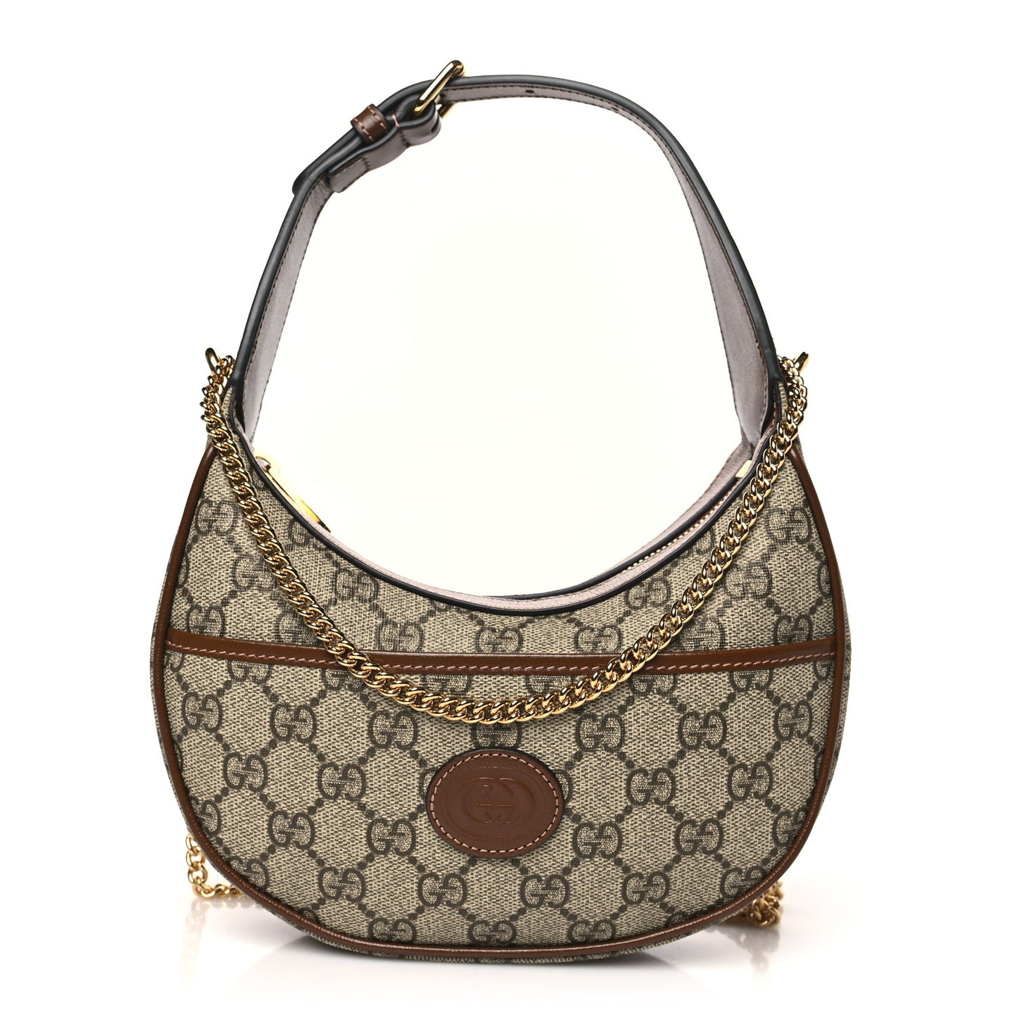 GG Supreme Monogram Azalea Calfskin Mini Retro Interlocking G Half Moon Bag Beige Ebony Brown Sugar
