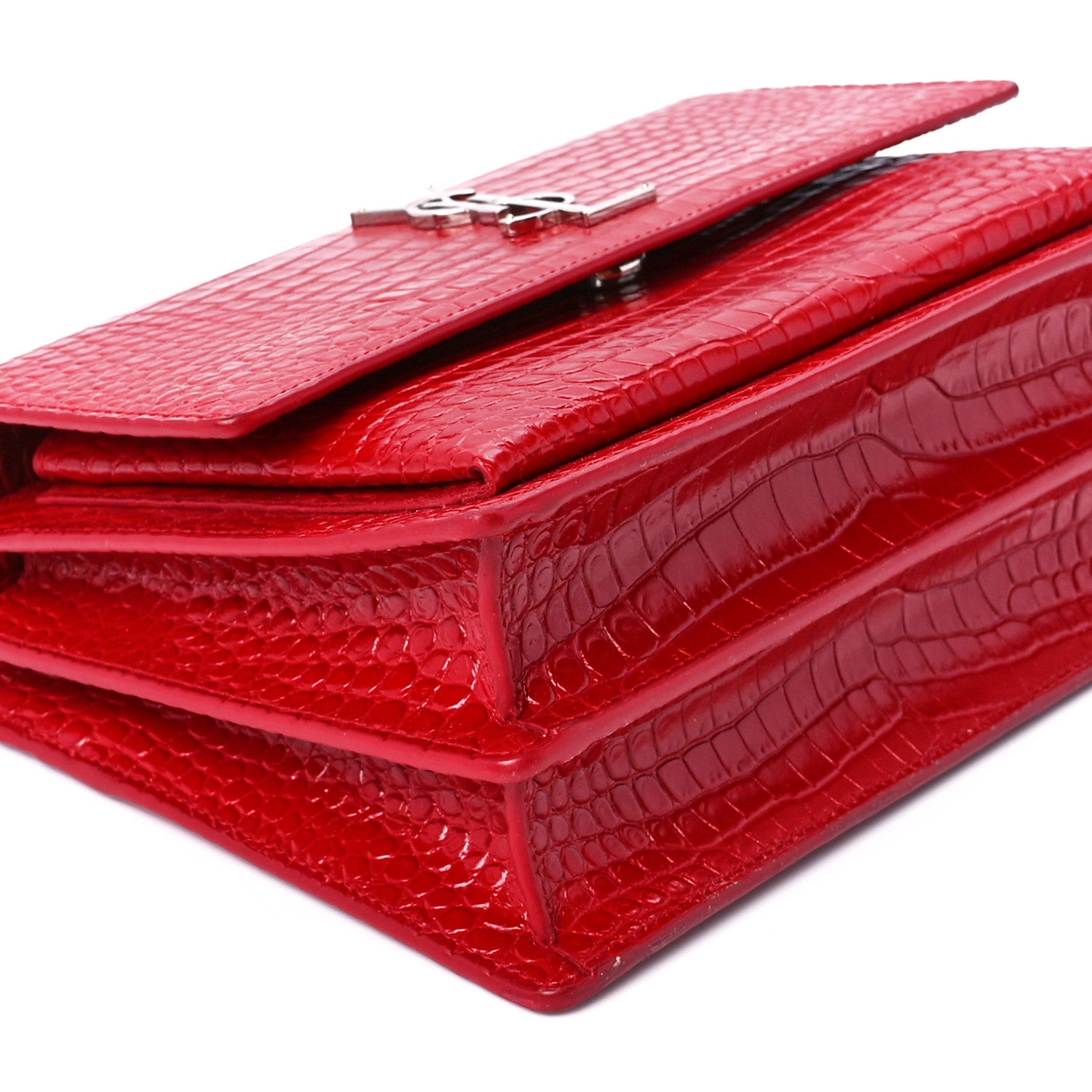 Saint Laurent Calfskin Crocodile Embossed Medium Monogram Sunset Rouge Eros 10 of 12