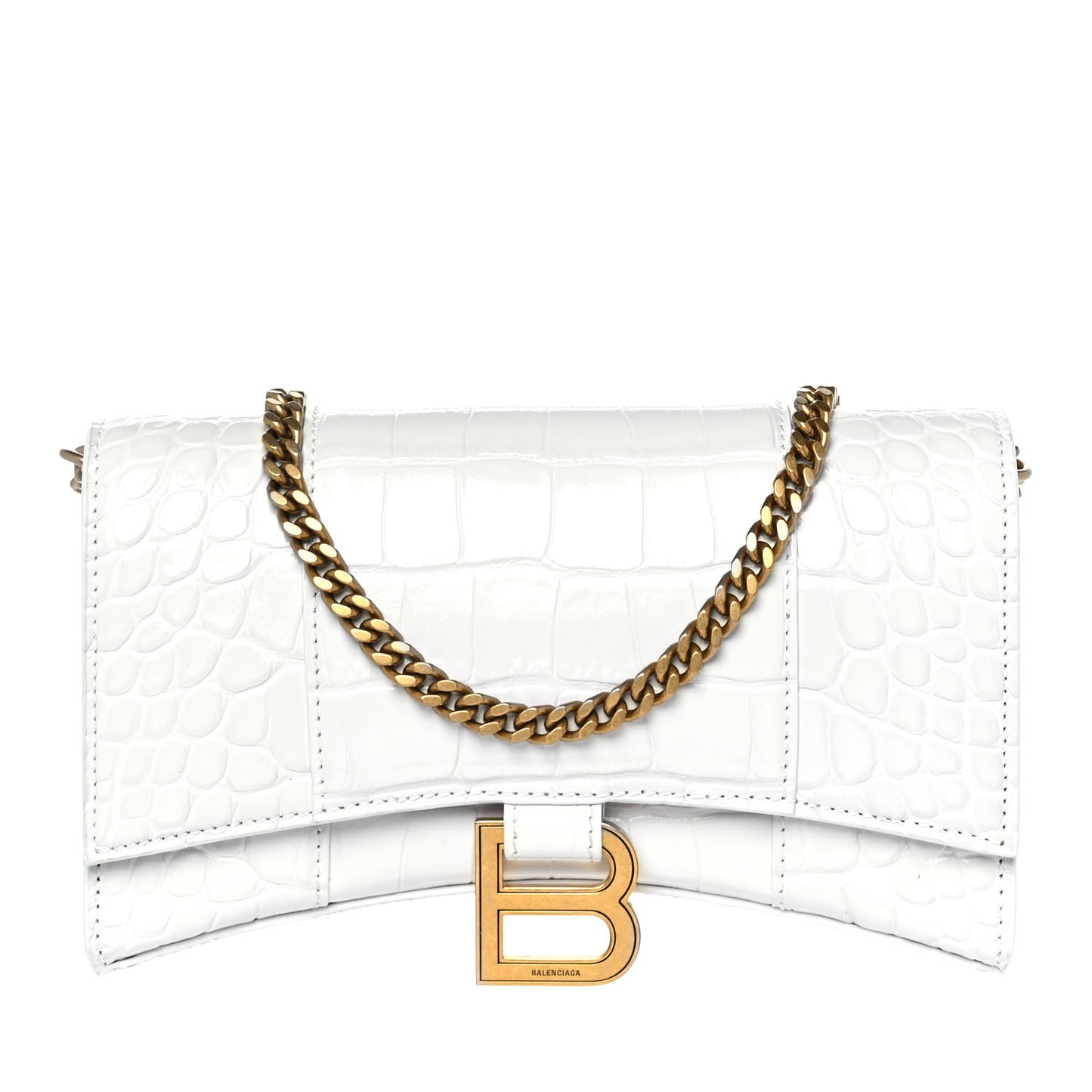 Shiny Calfskin Crocodile Embossed Hourglass Chain Bag White