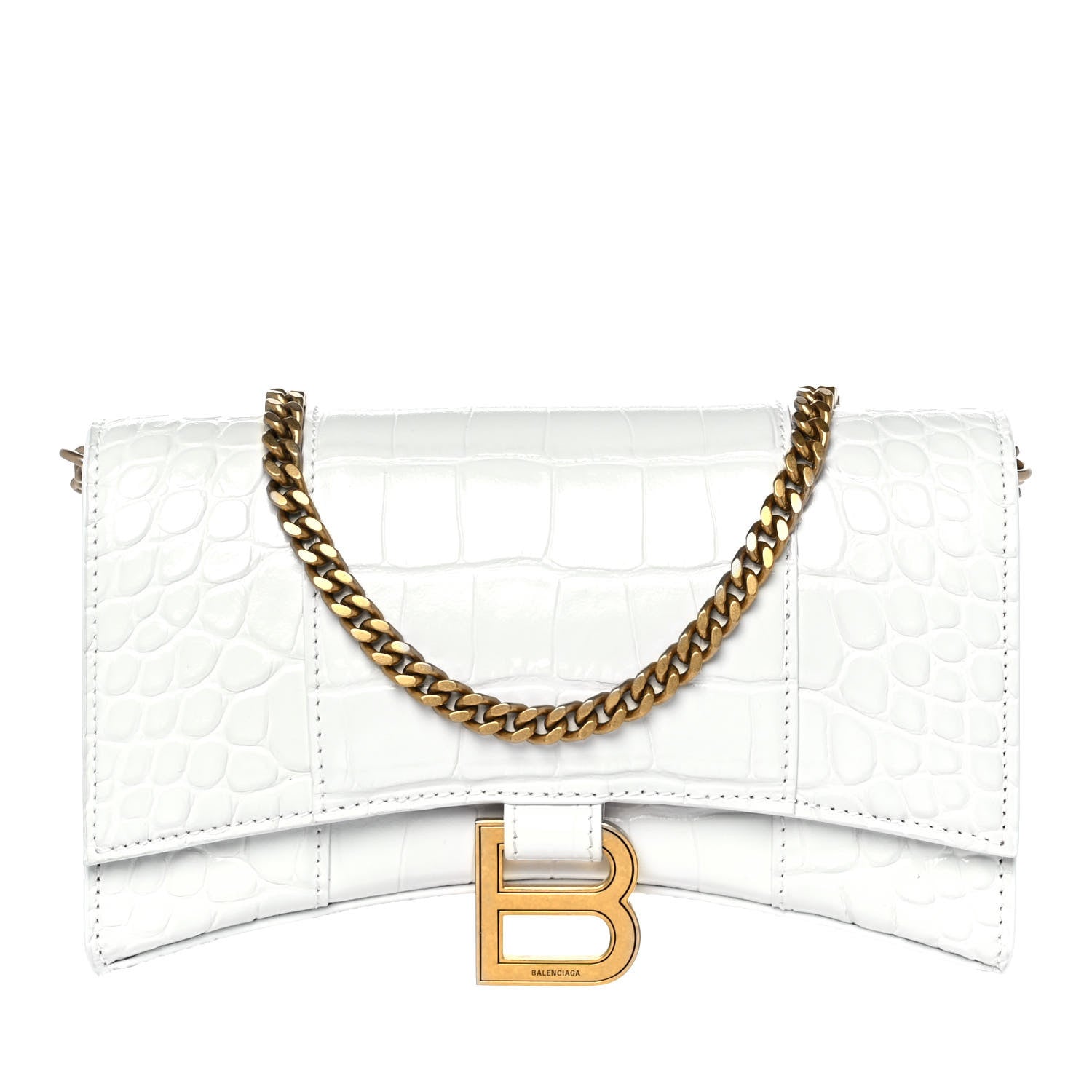 Balenciaga Shiny Calfskin Crocodile Embossed Hourglass Chain Bag White 1 of 8