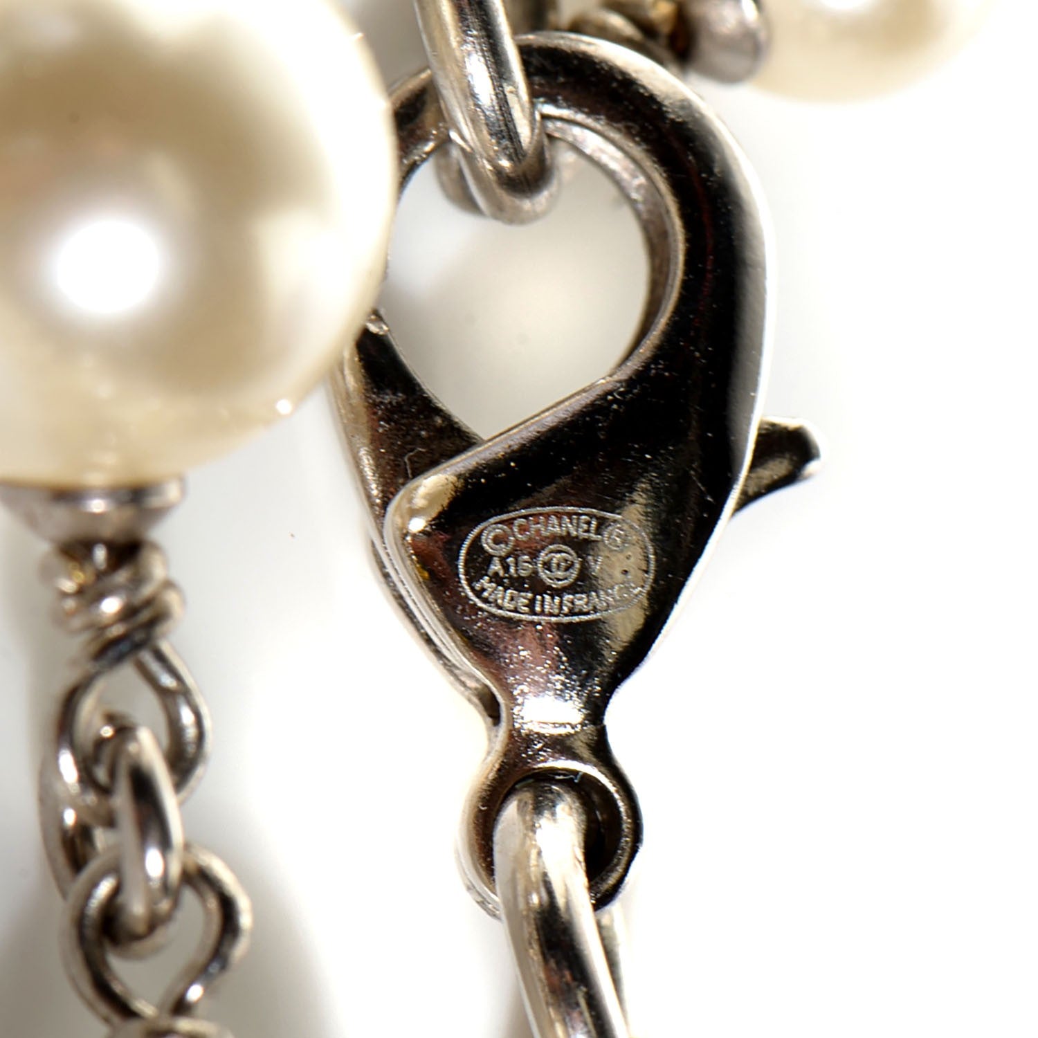 Chanel Crystal Pearl CC Long Necklace Silver 4 of 5