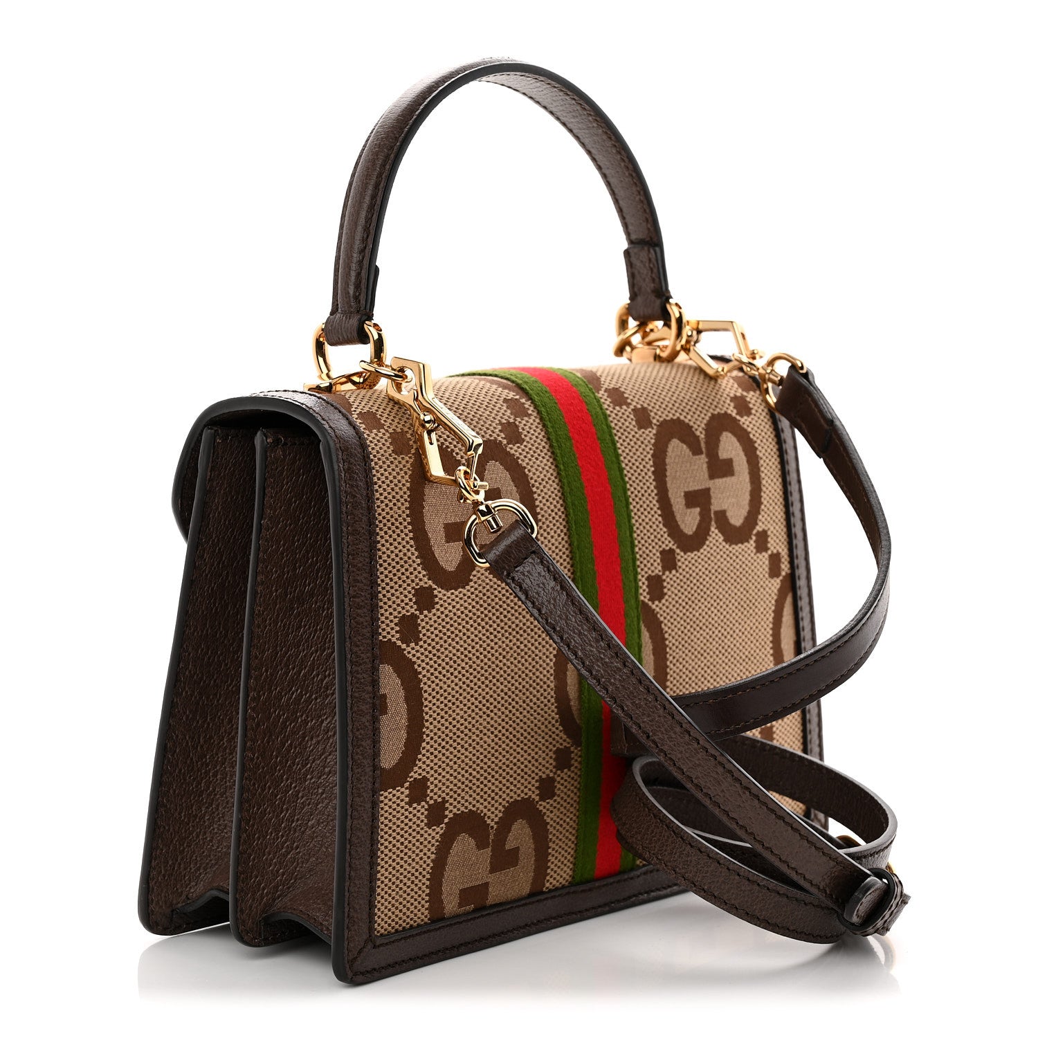 Gucci Monogram Jumbo GG Textured Dollar Calfskin Web Small Ophidia Padlock Top Handle Bag Camel Ebony New Acero 3 of 12