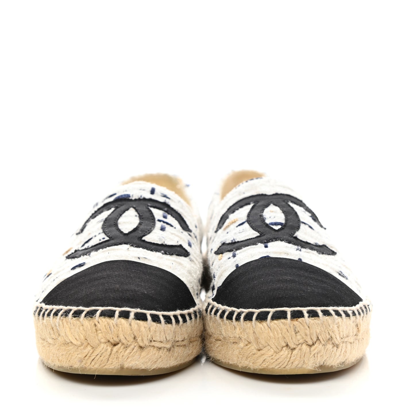 Tweed Grosgrain CC Espadrilles 38 White Beige Black