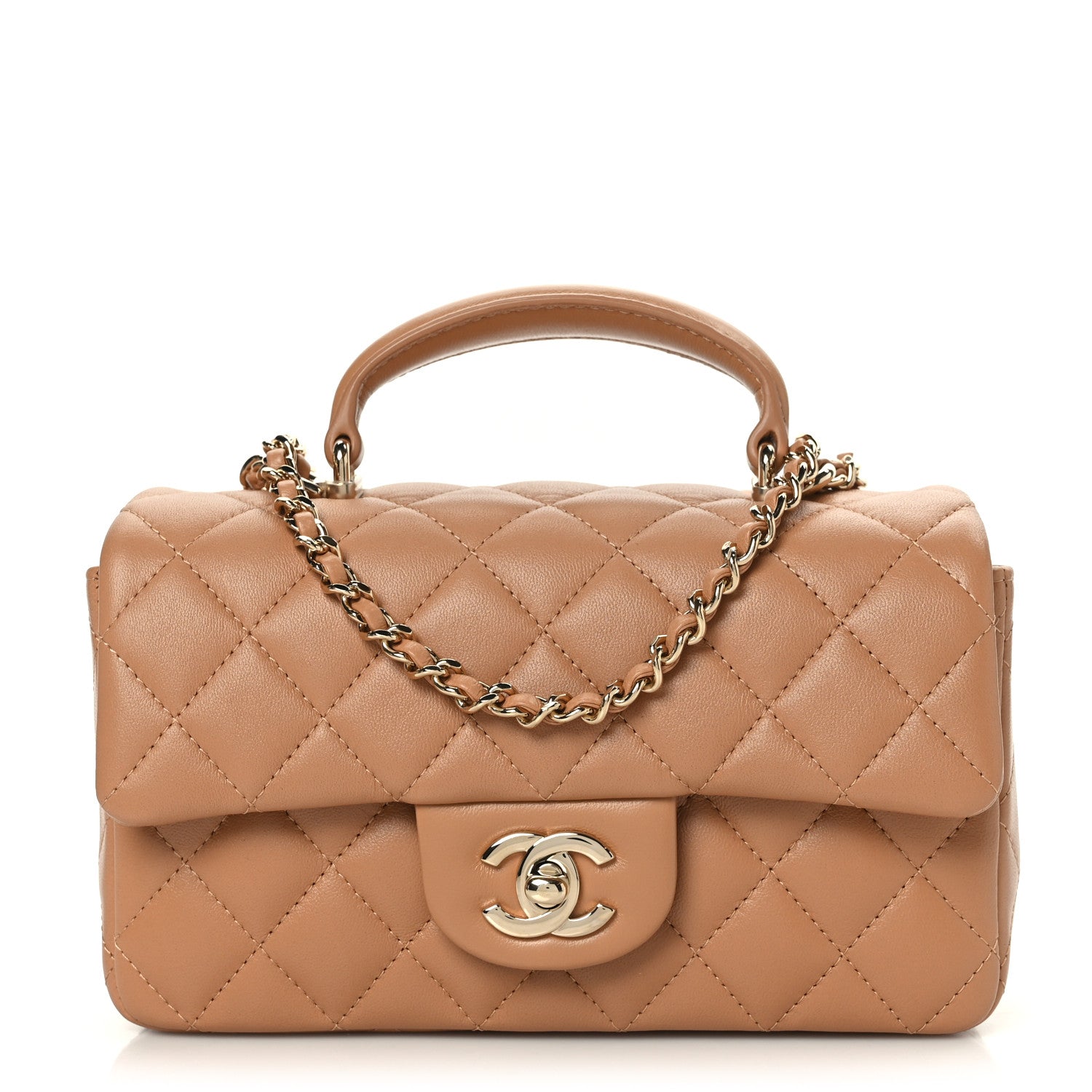 Chanel Lambskin Quilted Mini Top Handle Rectangular Flap Dark Beige 1 of 9