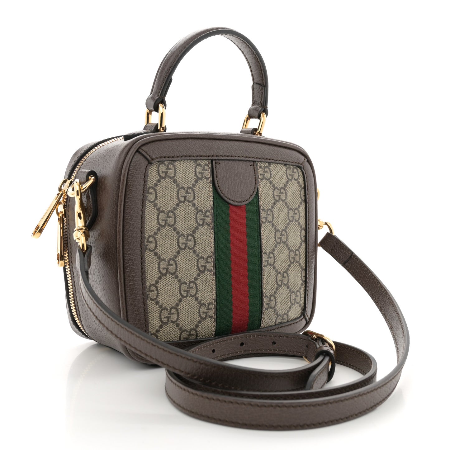 GG Supreme Monogram Textured Dollar Calfskin Mini Ophidia Top Handle Square Shoulder Bag Beige Ebony New Acero