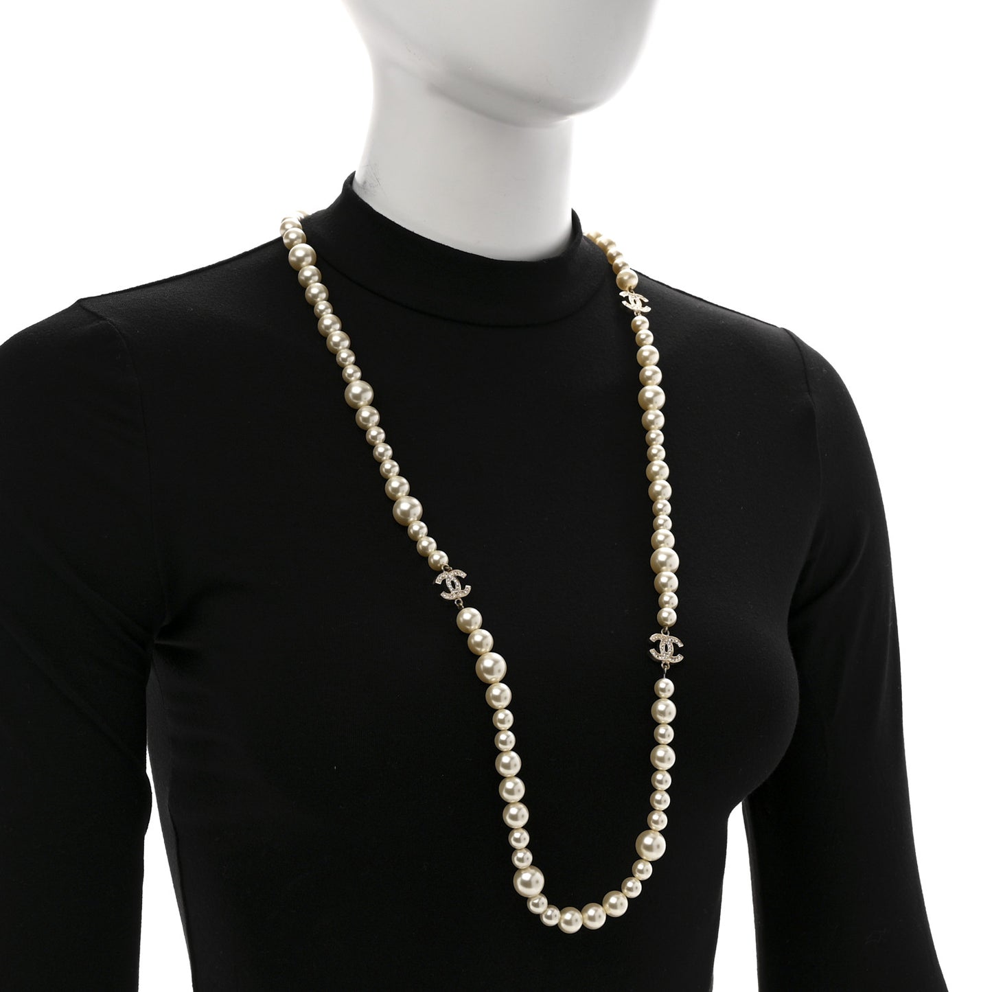 Graduated Pearl Crystal CC Long Necklace Light Gold