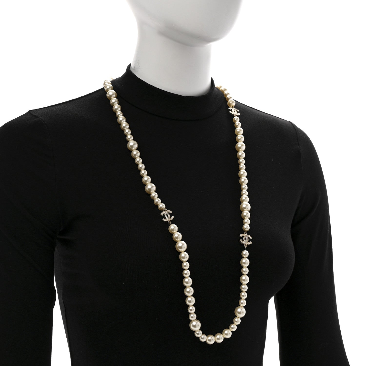 Chanel Graduated Pearl Crystal CC Long Necklace Light Gold 2 of 7