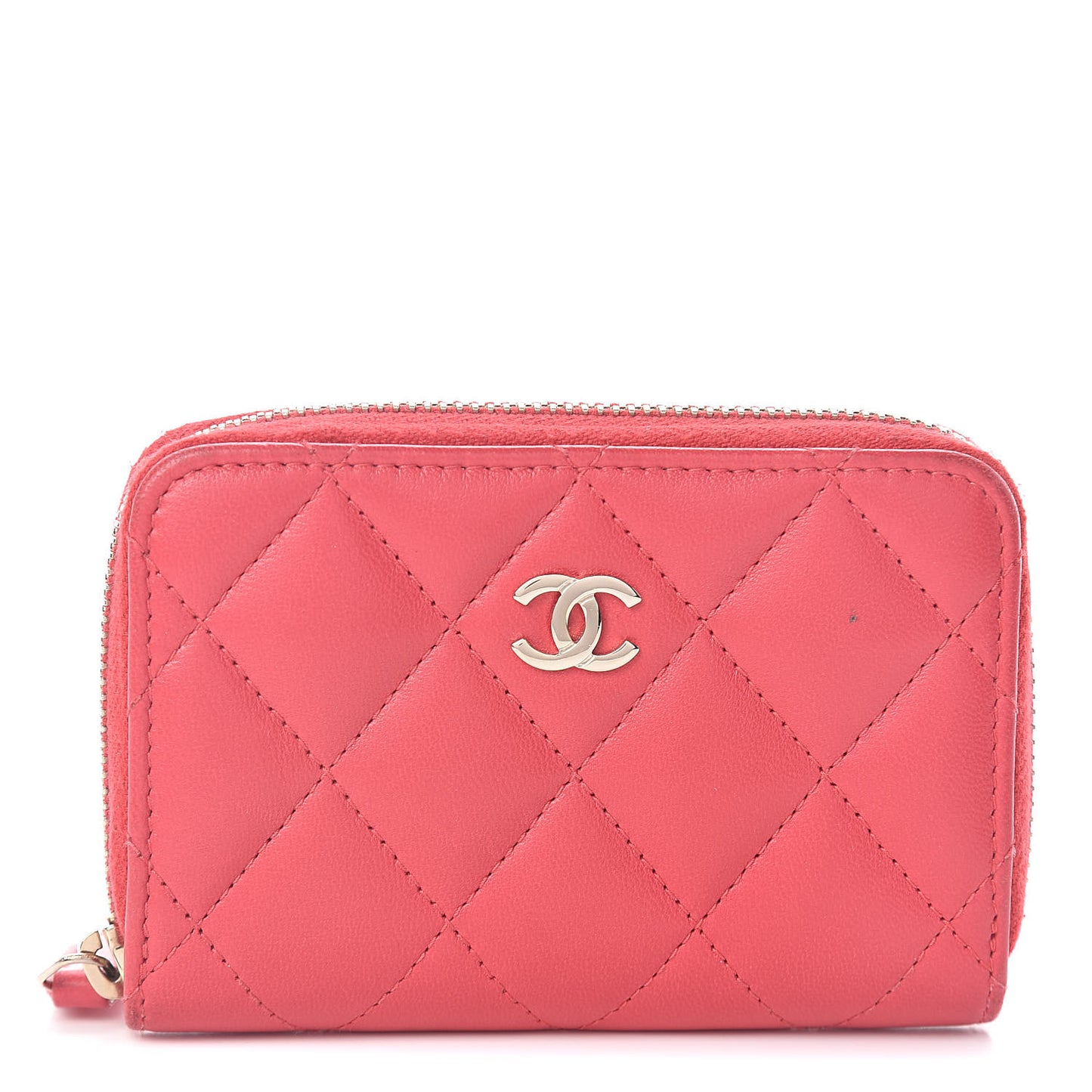 Lambskin Quilted Zip Around Coin Purse Wallet Light Red
