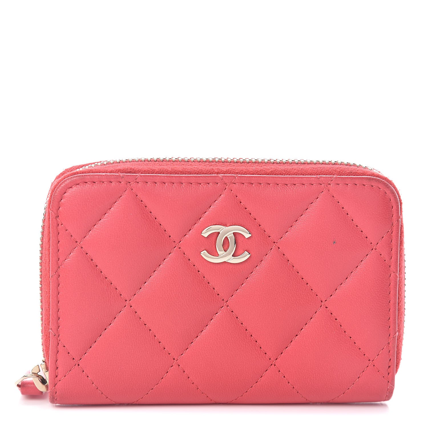 Chanel Lambskin Quilted Zip Around Coin Purse Wallet Light Red 1 of 7