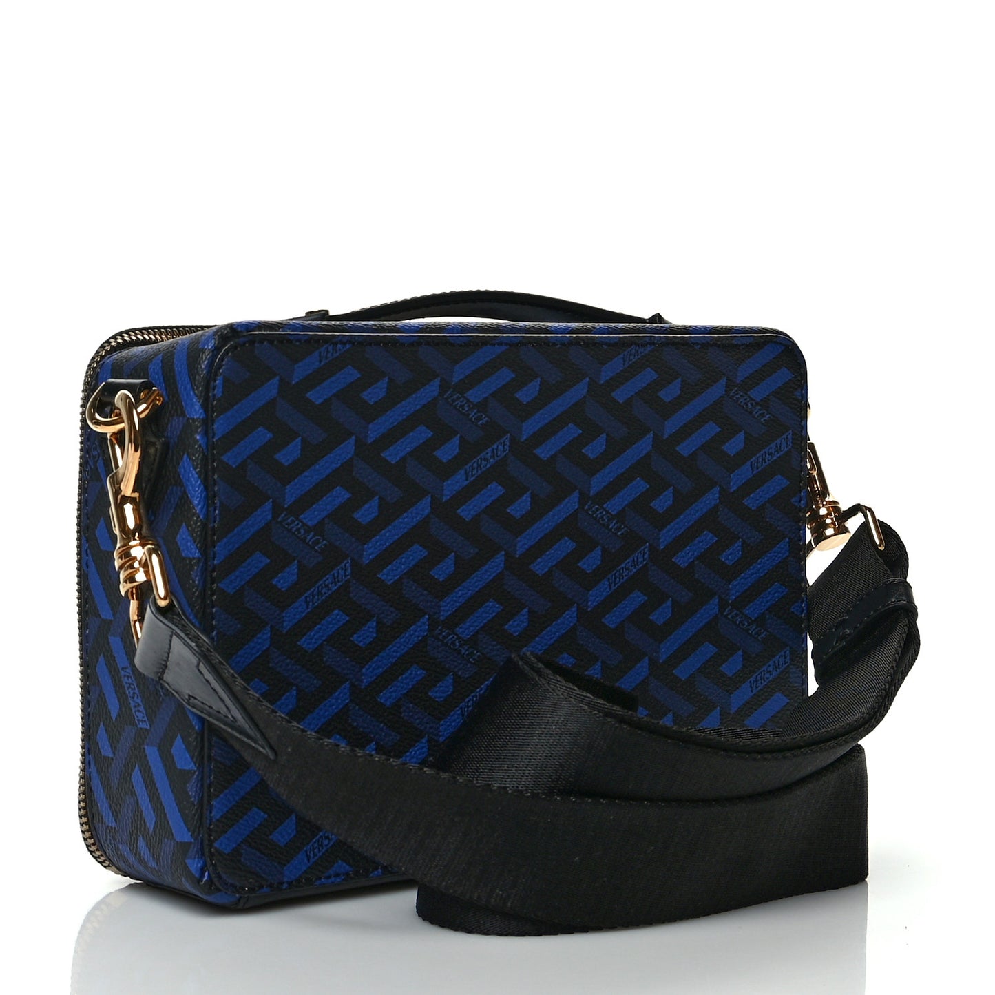 Coated Canvas La Greca Signature Messenger Bag Black Blue