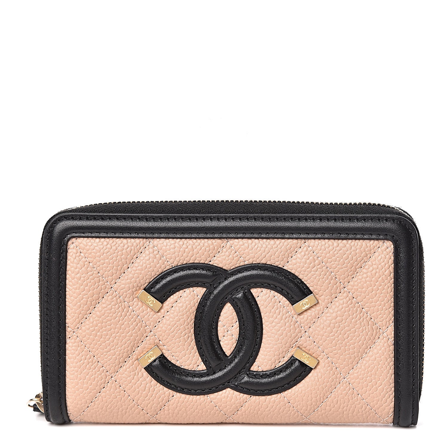 Chanel Caviar Quilted Small Filigree Zip Around Wallet Beige Black 1 of 9