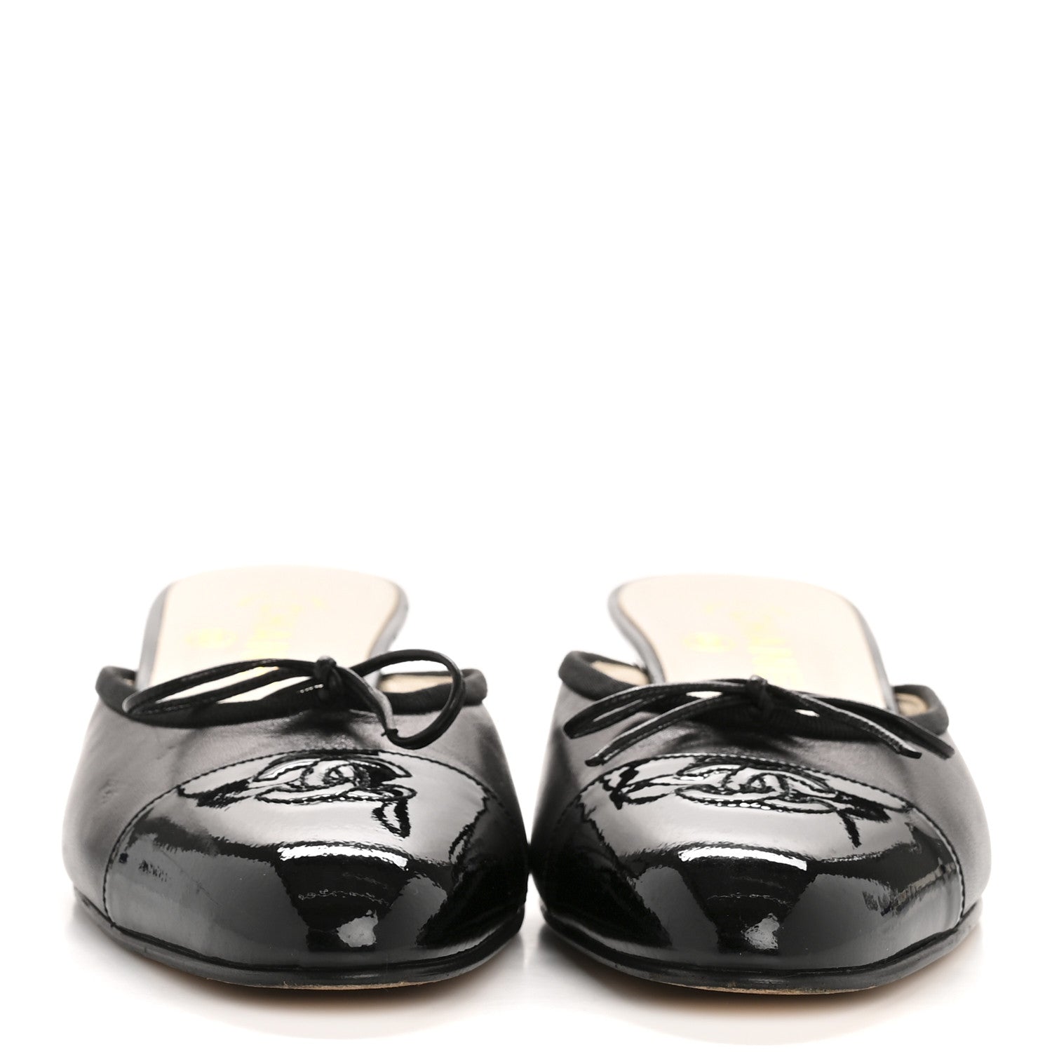 Chanel Lambskin Patent Cap Toe Bow CC Mules 36.5 Black 3 of 9