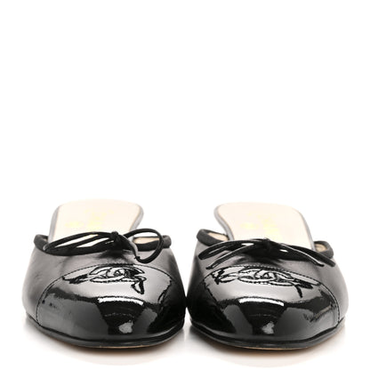 Chanel Lambskin Patent Cap Toe Bow CC Mules 36.5 Black 3 of 9