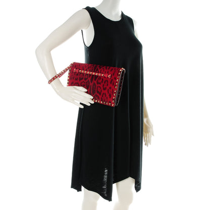 Valentino Garavani Calf Hair Leopard Print Rockstud Wristlet Clutch Red 2 of 8