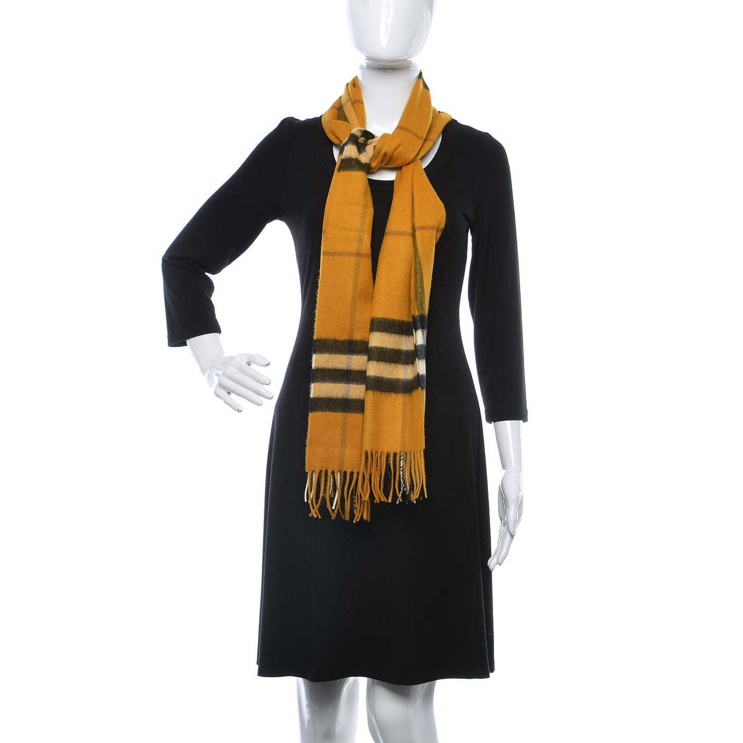 Cashmere Giant Check Fringe Scarf Amber Yellow