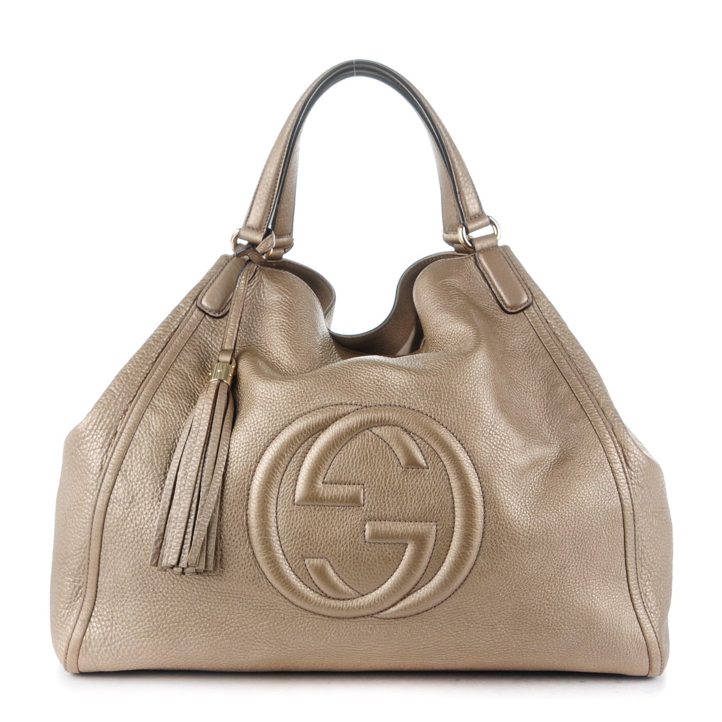 Metallic Pebbled Calfskin Large Soho Shoulder Bag Golden Beige