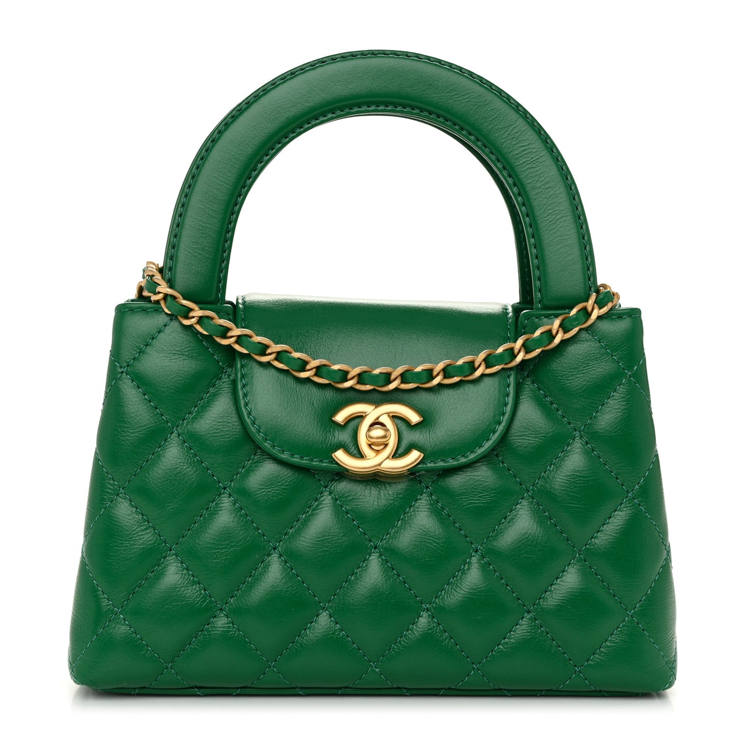 Shiny Aged Calfskin Quilted Nano Kelly Shopper Green