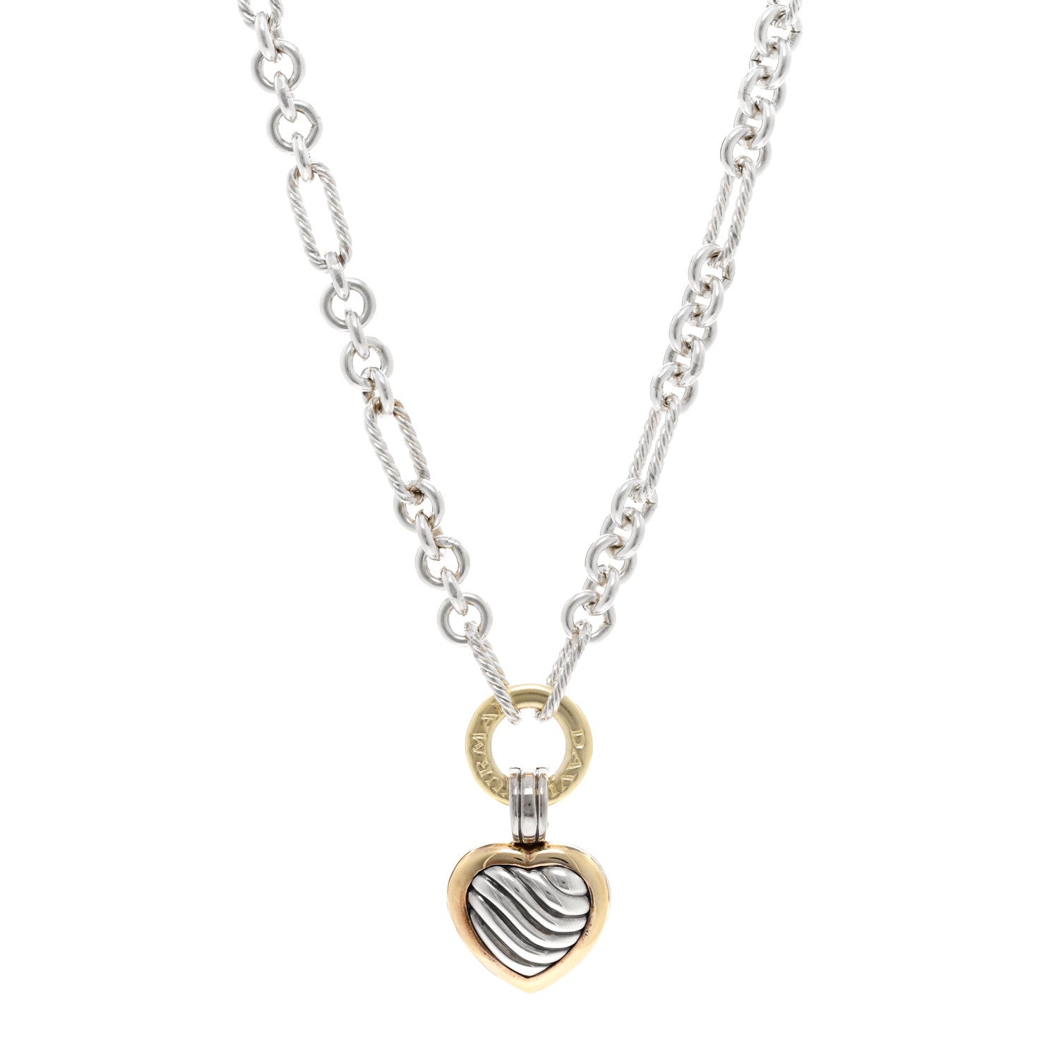 David Yurman Sterling Silver 18K Yellow Gold Cable Heart Figaro Necklace 1 of 4