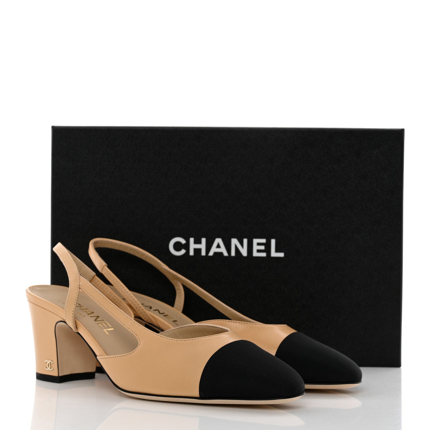 Goatskin Grosgrain Cap Toe CC Slingback Pumps 39 Beige Black