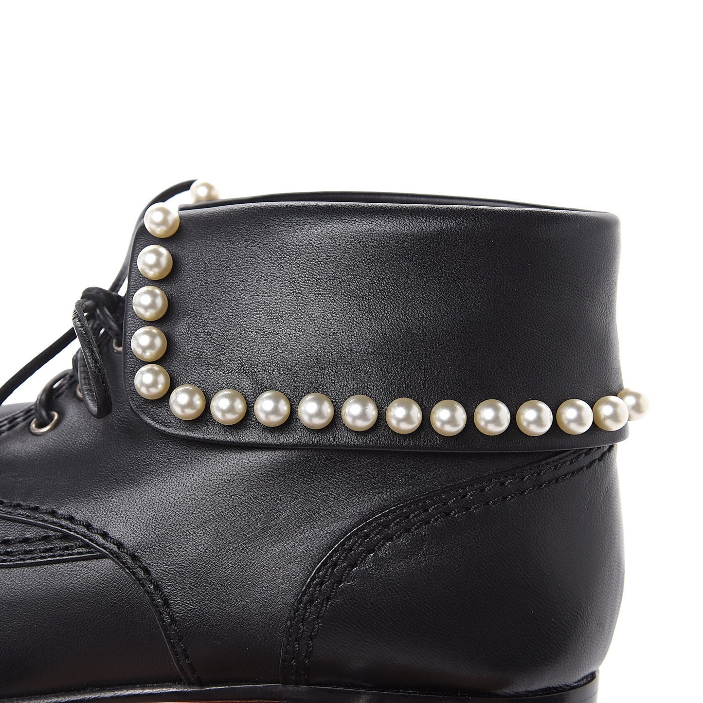 Lambskin Patent Calfskin Pearl Lace Up Boots 39.5 Black