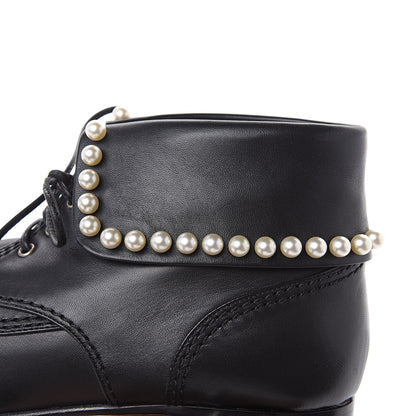 Chanel Lambskin Patent Calfskin Pearl Lace Up Boots 39.5 Black 10 of 11