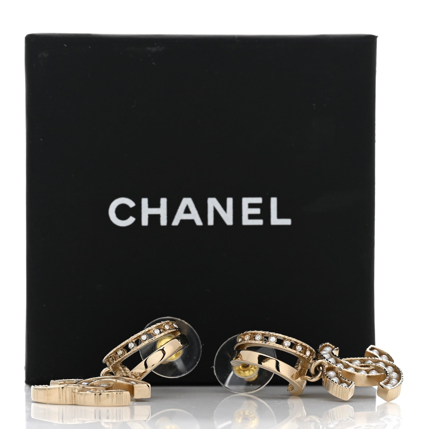 Chanel Crystal Pearl CC Hoop Drop Earrings Gold 5 of 5