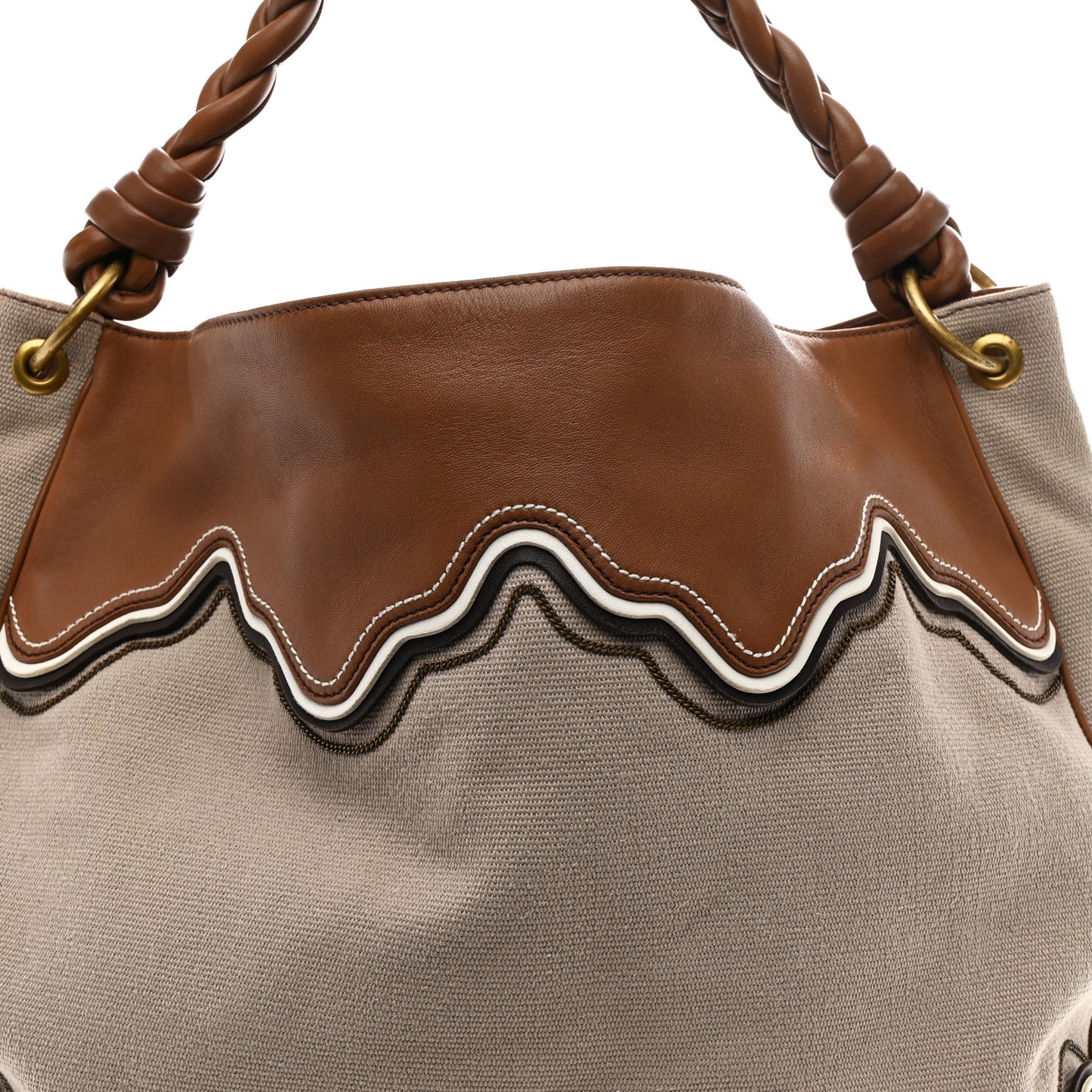 Canvas Calfskin Trimmed Tote Beige Brown