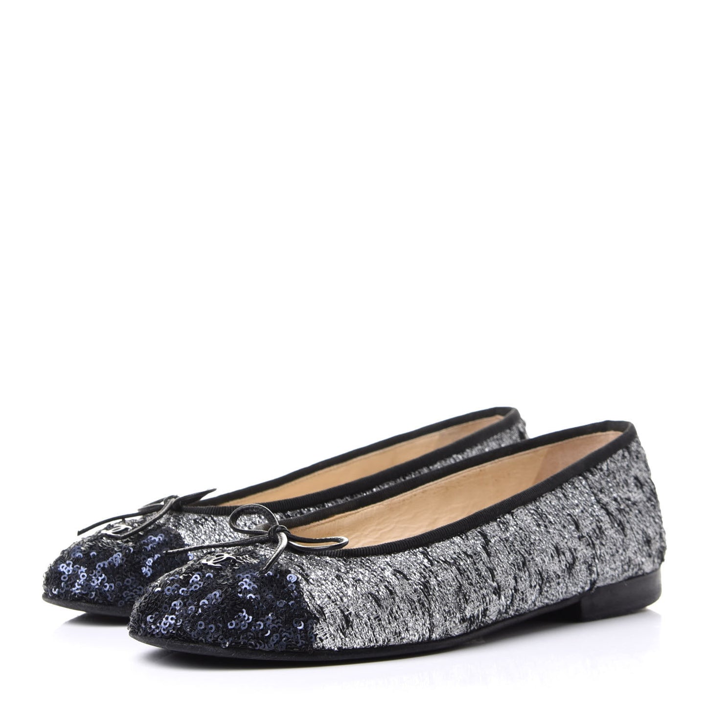 Tweed Sequin Cap Toe Ballerina Flats 38.5 Black Blue