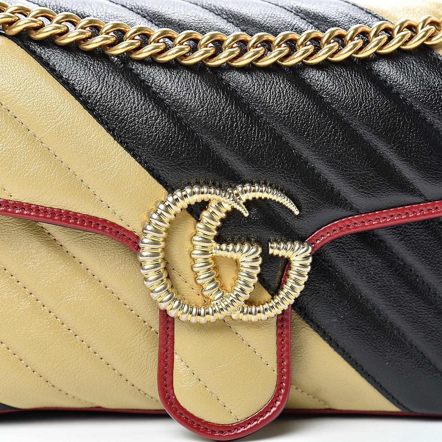 Vintage Effect Calfskin Matelasse Diagonal Striped Small Torchon GG Marmont Shoulder Bag Black Beige