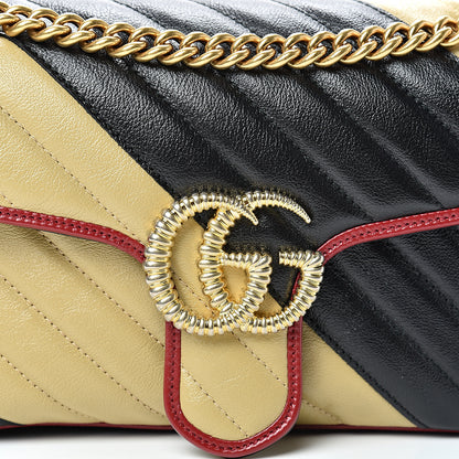 Gucci Vintage Effect Calfskin Matelasse Diagonal Striped Small Torchon GG Marmont Shoulder Bag Black Beige 7 of 9