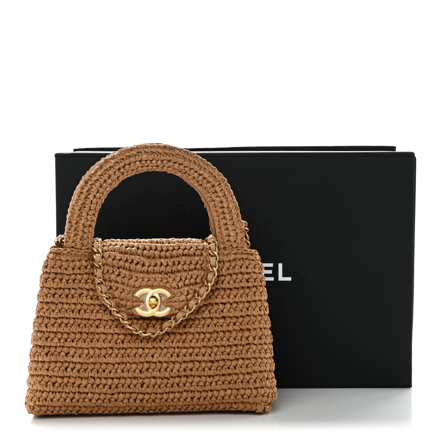 Braided Raffia Nano Kelly Flap Bag Dark Beige