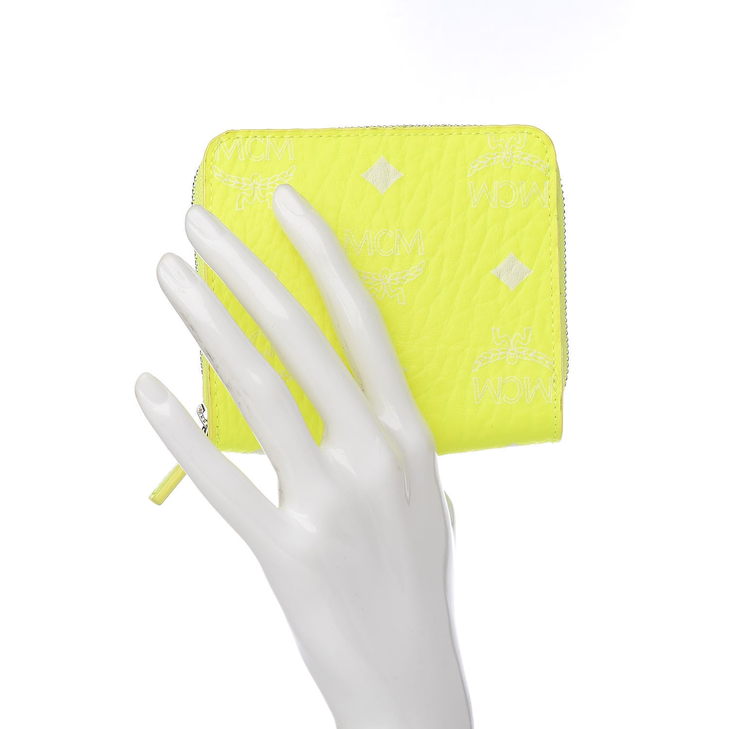 MCM Visetos Mini Zip Around Wallet Neon Yellow 2 of 7