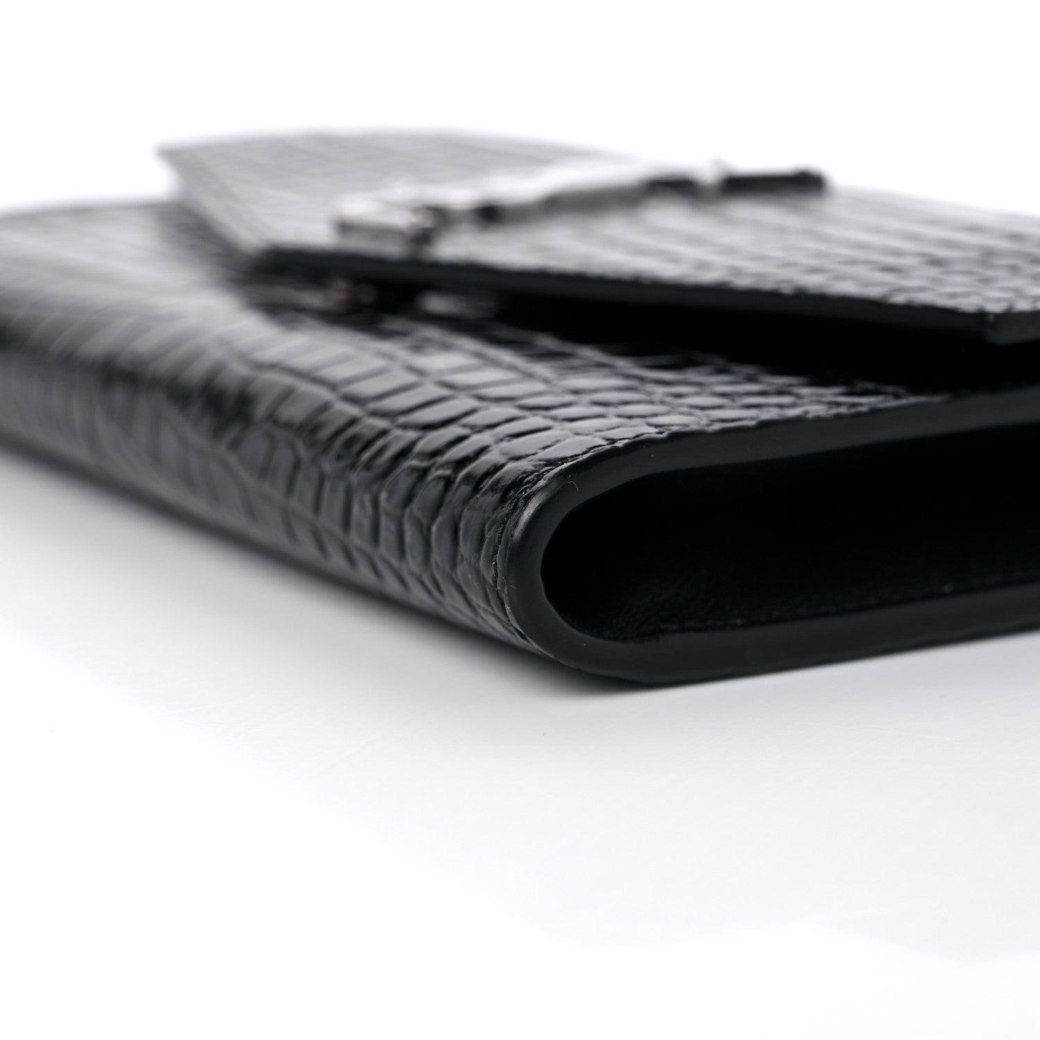 Saint Laurent Calfskin Crocodile Embossed Monogram Uptown Chain Wallet Black 10 of 11