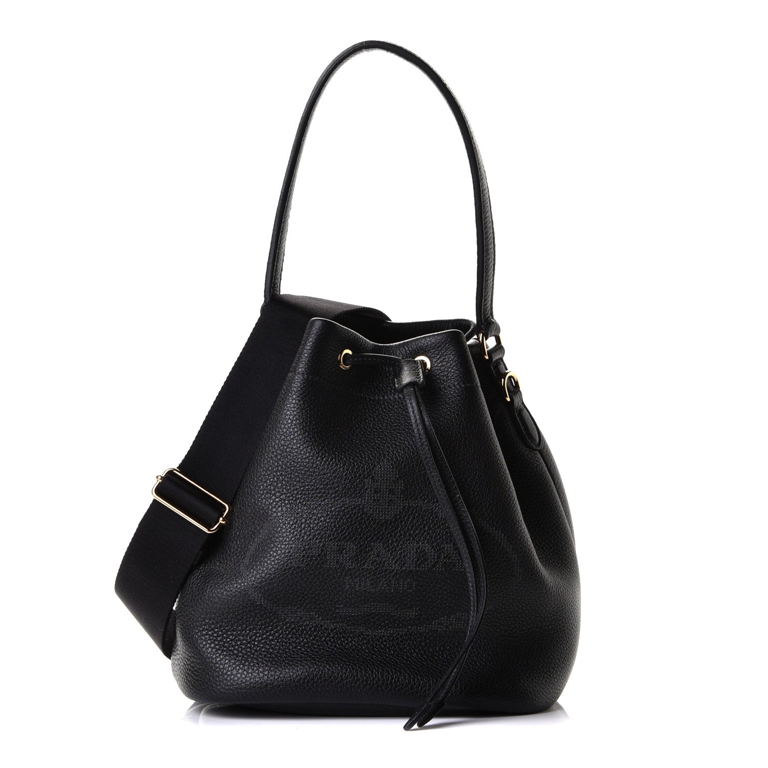 Prada Vitello Daino Soft Logo Drawstring Bucket Black 1 of 5