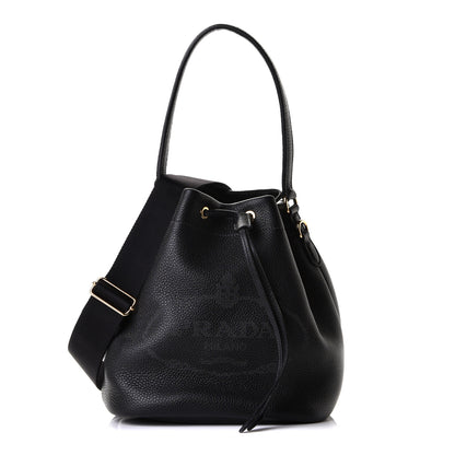 Prada Vitello Daino Soft Logo Drawstring Bucket Black 1 of 5