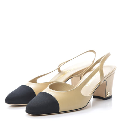 Chanel Goatskin Grosgrain Cap Toe CC Slingback Pumps 36 Beige Black 3 of 9