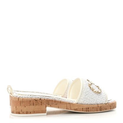 Chanel Tweed Cork CC Chain Mule Sandal 36.5 White 4 of 10