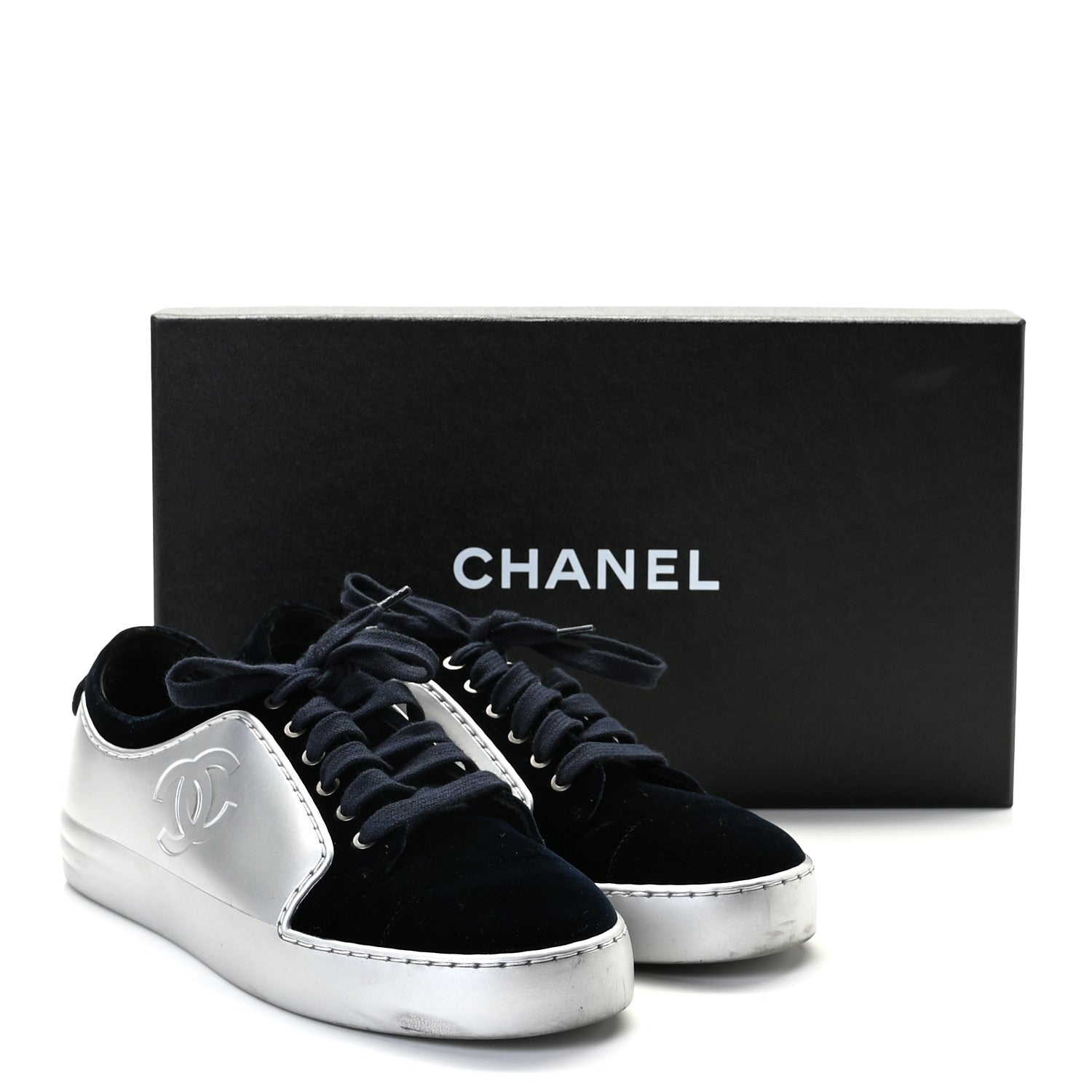 Chanel Calfskin Velvet Womens CC Sneakers 37.5 Navy 13 of 13