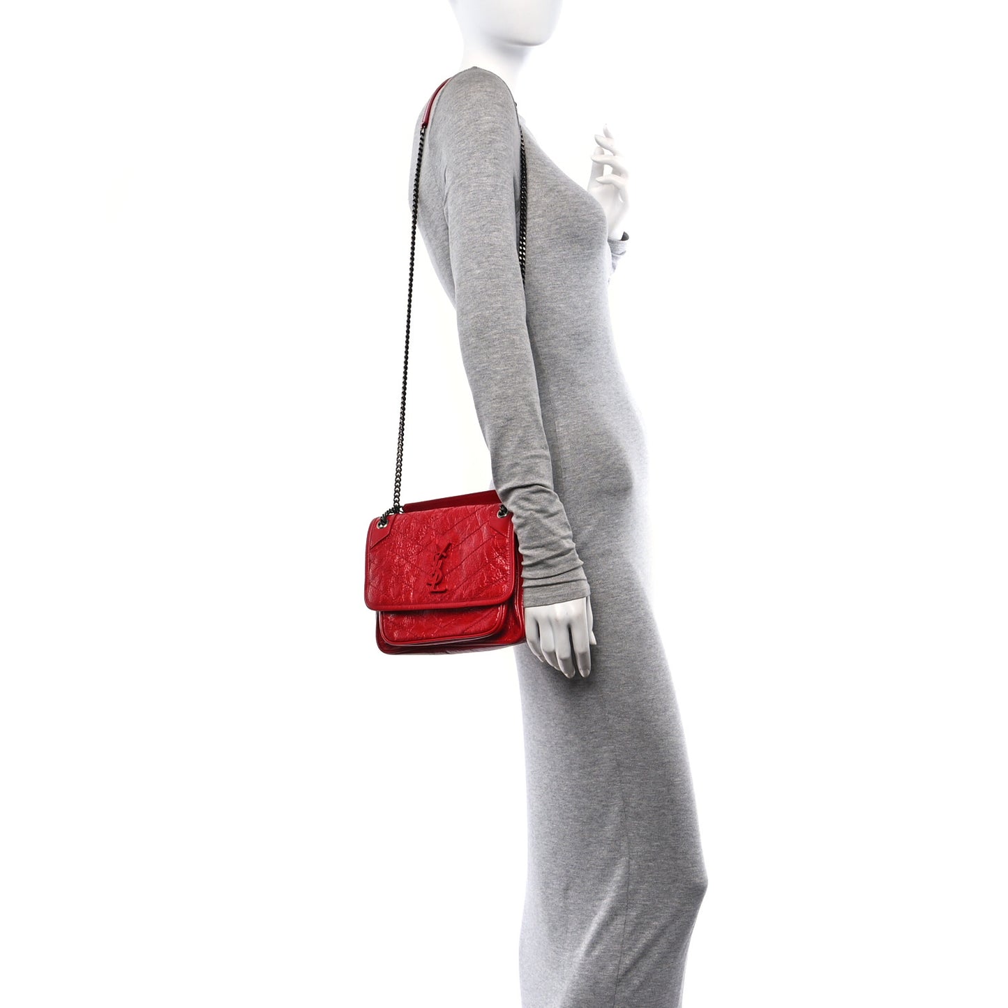 Crinkled Calfskin Matelasse Monogram Baby Niki Chain Satchel Rouge Eros