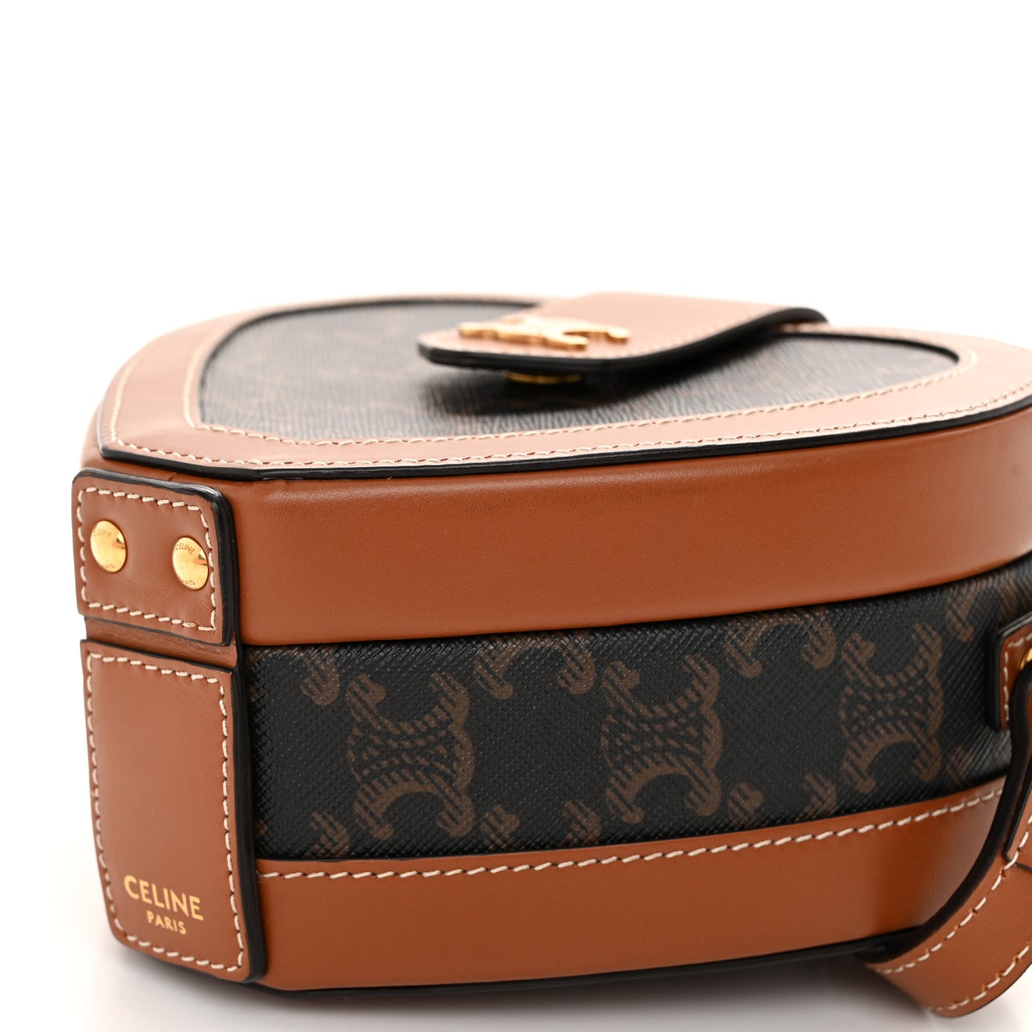 Triomphe Canvas Calfskin Heart Tambour Bag Tan
