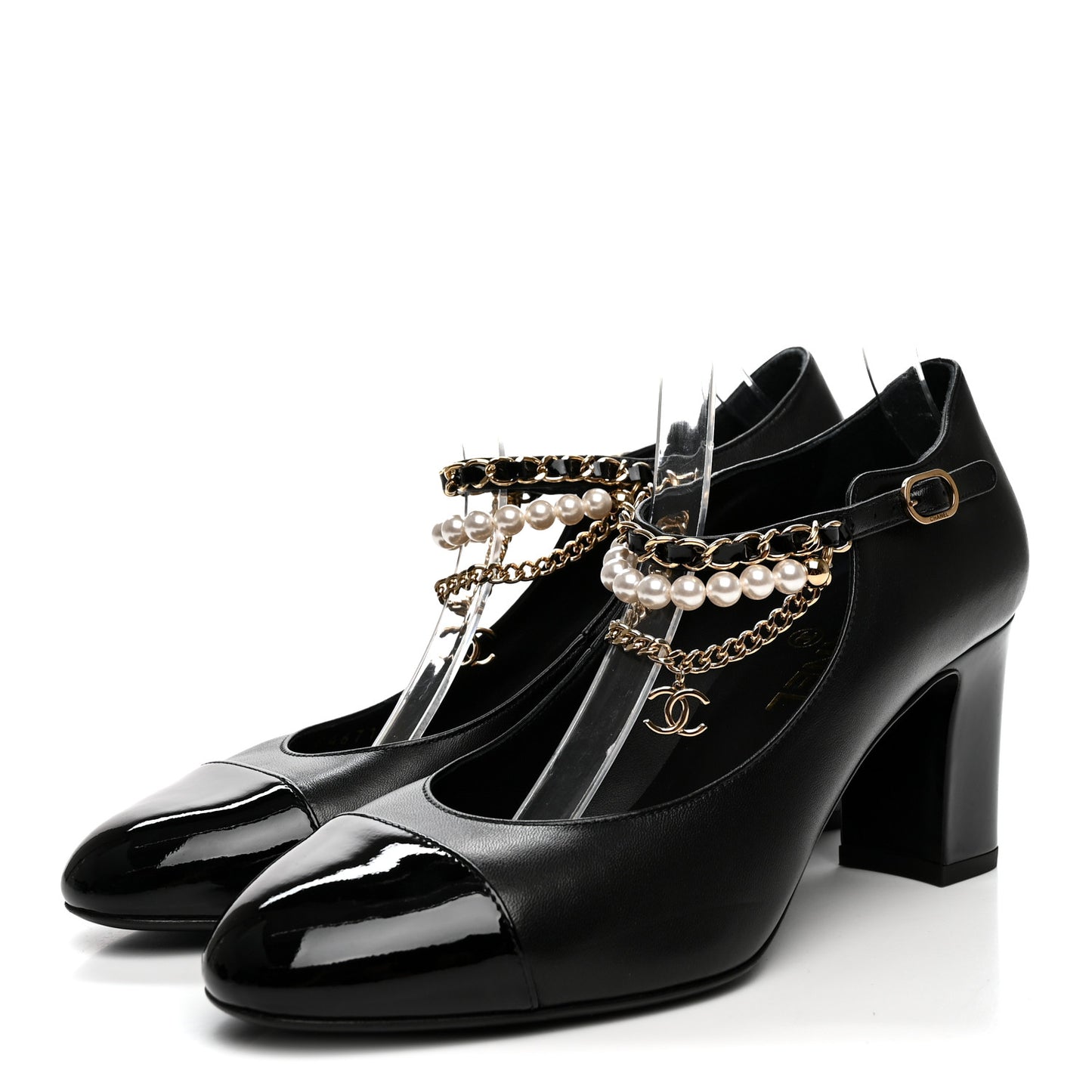 Shiny Lambskin Patent Calfskin Cap Toe Ankle Pearl Chain Pumps 39.5 Black