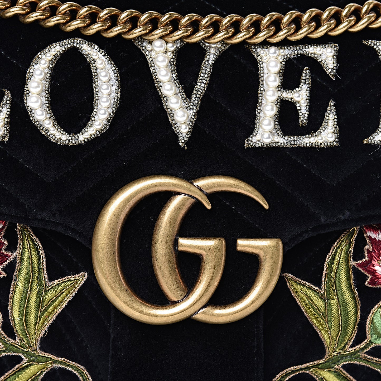 Velvet Matelasse Loved Embroidered Medium GG Marmont Shoulder Bag Black