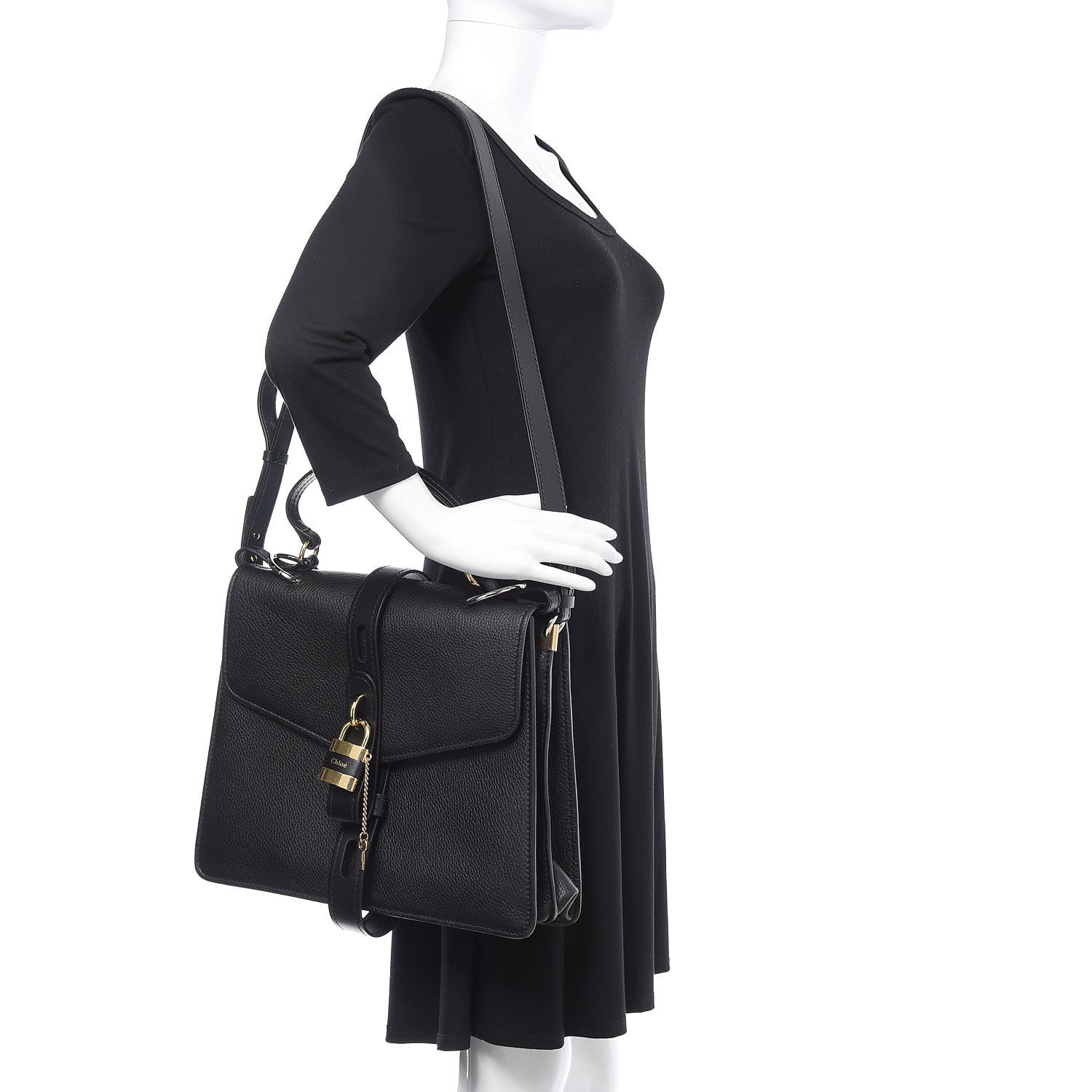 Chloe Grained Deerskin Shiny Calfskin Large Aby Day Shoulder Bag Black 2 of 15