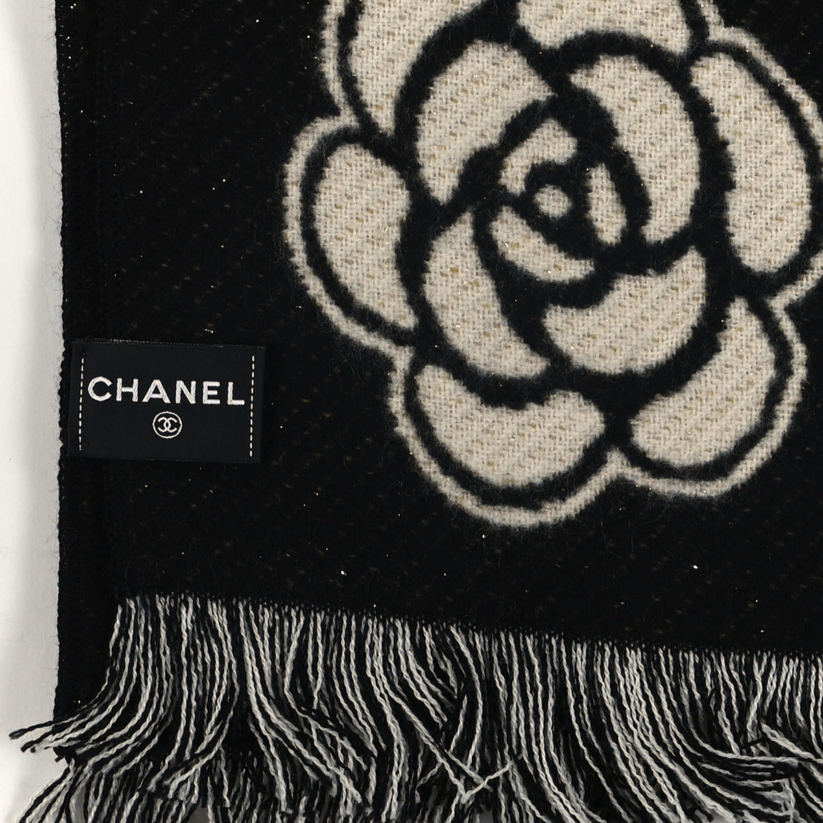 Cashmere Wool Metallic Fiber Manchester Camellia Fringe Scarf Black White