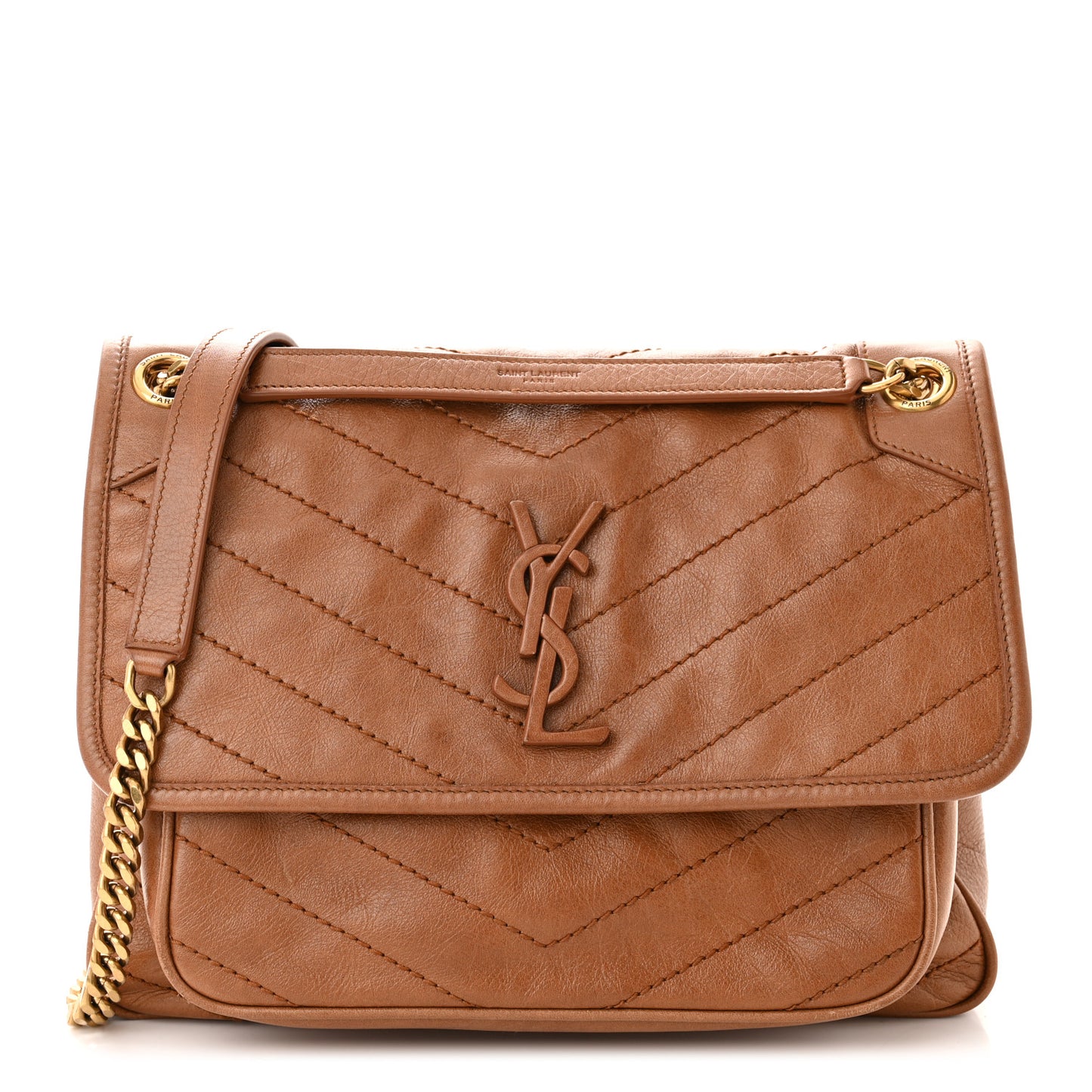Crinkled Calfskin Matelasse Monogram Medium Niki Chain Satchel Light Caramel