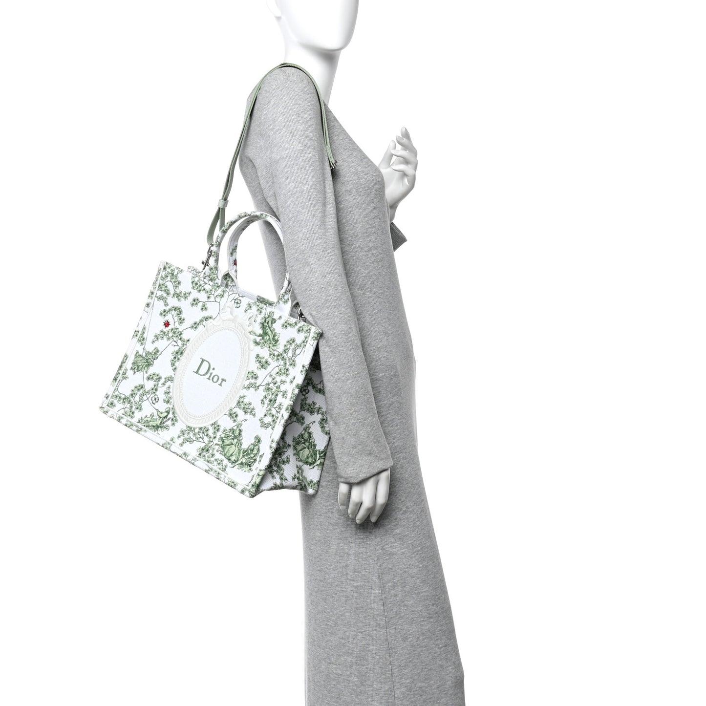Cotton Toile De Jouy Clover Embroidered Dior Medaillon Medium Book Tote With Strap Verde Multicolor