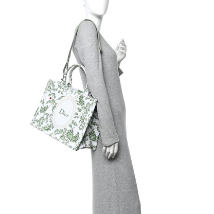Christian Dior Cotton Toile De Jouy Clover Embroidered Dior Medaillon Medium Book Tote With Strap Verde Multicolor 2 of 12