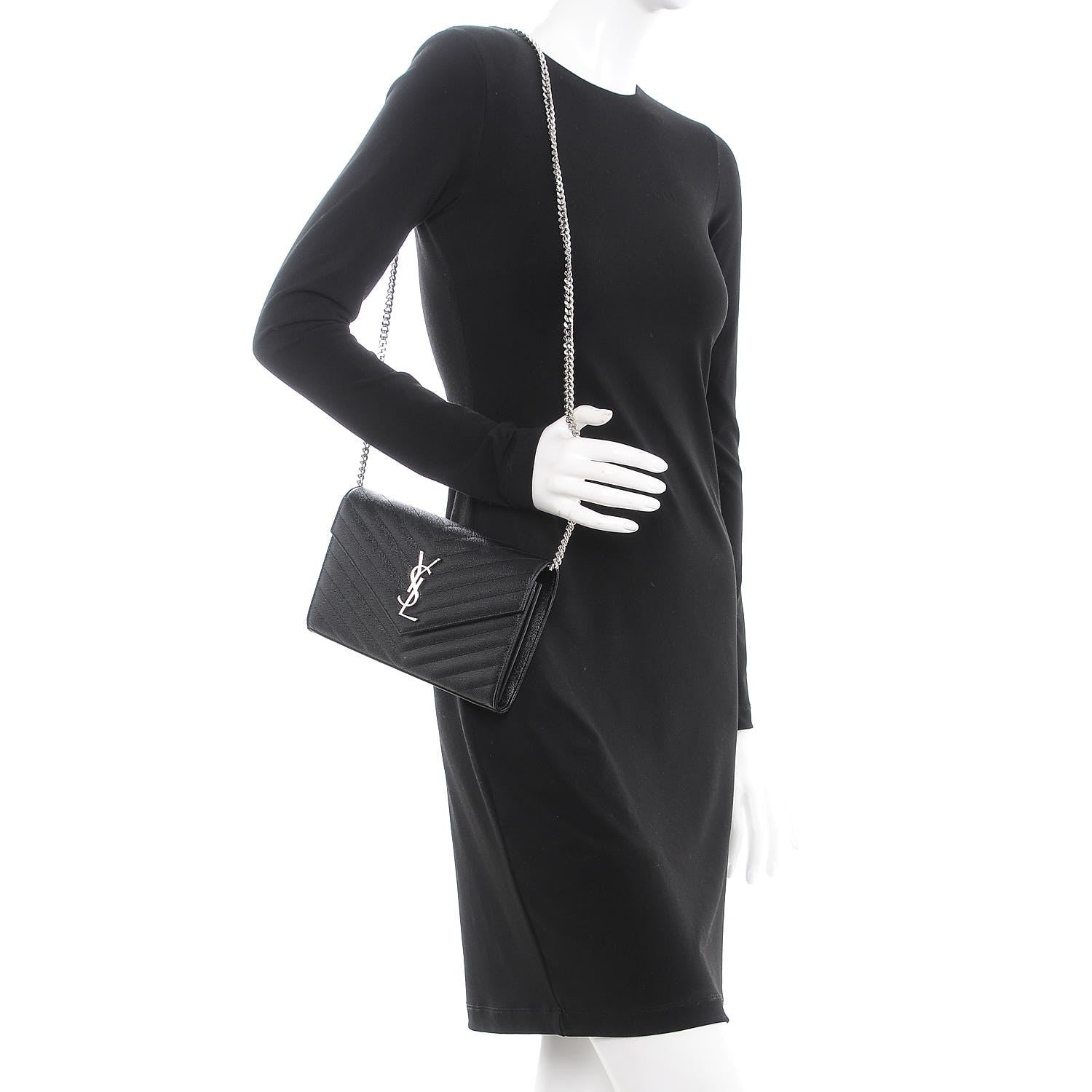 Saint Laurent Grain De Poudre Matelasse Chevron Monogram Chain Wallet Black 2 of 8