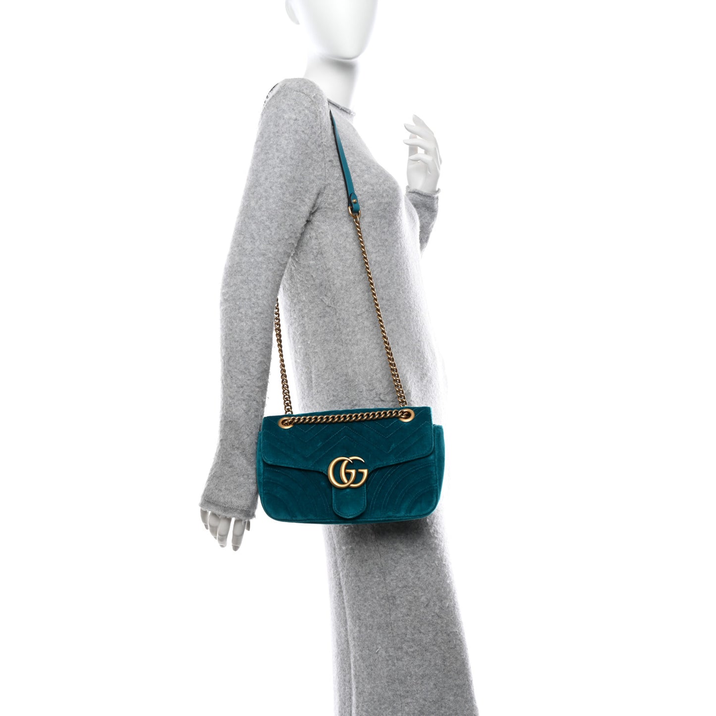 Velvet Matelasse Small GG Marmont Shoulder Bag Pavone Cyan