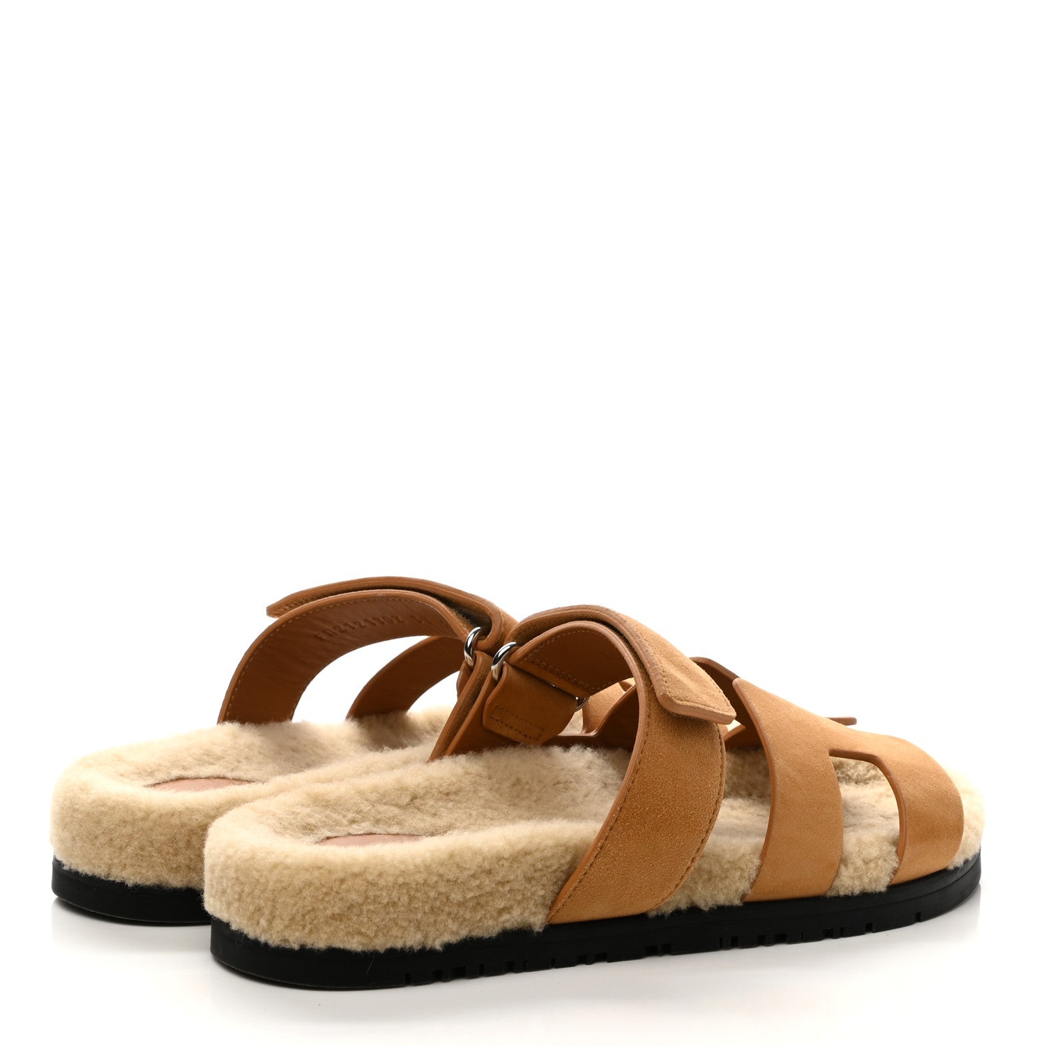 Hermes Suede Goatskin Woolskin Womens Chypre Sandals 37 Golden Beige 4 of 9